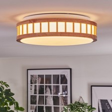 Retro Deckenleuchte und Deckenlampe 16W aus Metall & Bambus, Weiß/Naturfarben