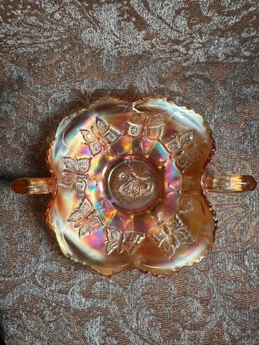 Vintage Fenton Marigold Carnival Glass Butterfly Pattern Handled Bon Bon Dish