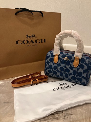 #ad NWT Coach Mini Rowan Crossbody Bag In Signature Denim With Cherry Charm CY742 $168.00