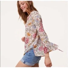 LOFT Floral Blouse Bell Sleeve The Softened Shirt Cotton Tie Popover Boho Top M
