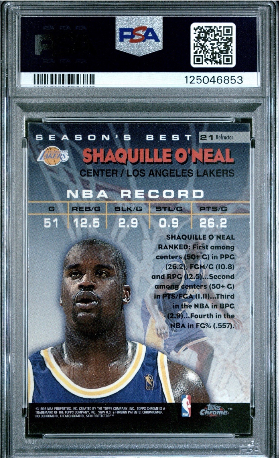 1997 Topps Chrome Seasons Best Refractor #2 Shaquille O'Neal PSA 8 view 2