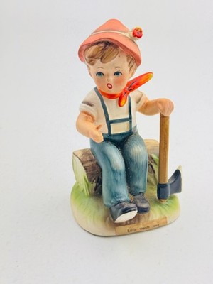Vintage Japan Original Erich Stauffer Boy Figurine Sitting on Log Axe Lumberjack