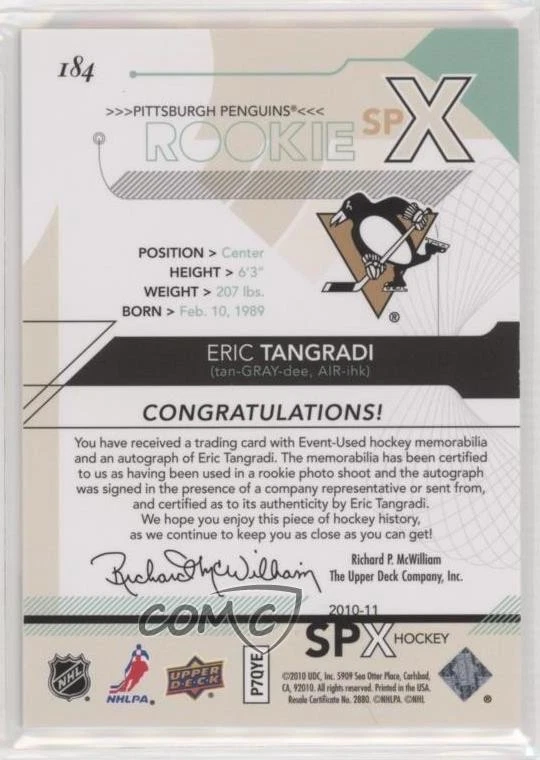 2010-11 SPx Rookie Auto Jersey /799 Eric Tangradi #184 Rookie Auto RC - Image 2 of 2