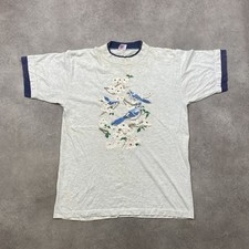 Blue Jay Bird Ringer T-Shirt Womens Large Vintage Floral Tee, Grey
