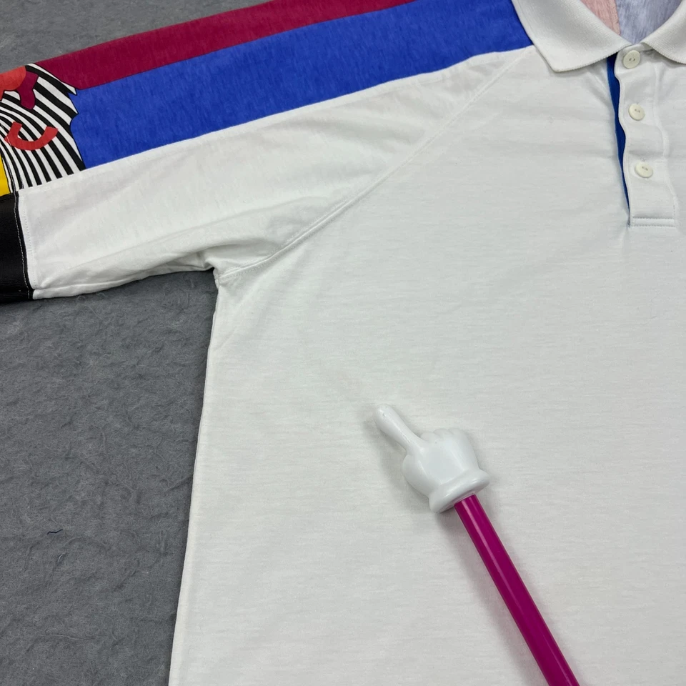 Camisa polo masculina vintage Adidas tênis grande branca multi década de 1990 ATP Tour tênis jersey - Imagem 2 de 4