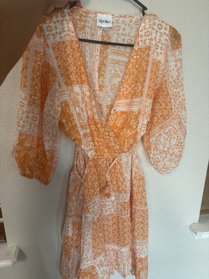 Sky + Moon Women's M Orange/White Floral V-Neck Wrap Dress Tie, Lightweight