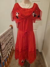 Mexican Fiesta Dress Red, Lace Embroidered Vintage Sz L-XL