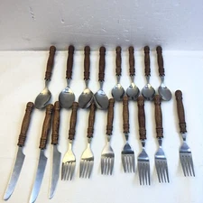 18 Pc Taiwan Flatware Silverware Homestead Lifetime Wood Handle Spoon Fork Knife
