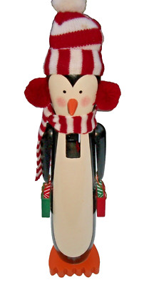 PENGUIN Wooden Christmas Nutcracker 17'' RED Striped HAT & Scarf North Pole NWT