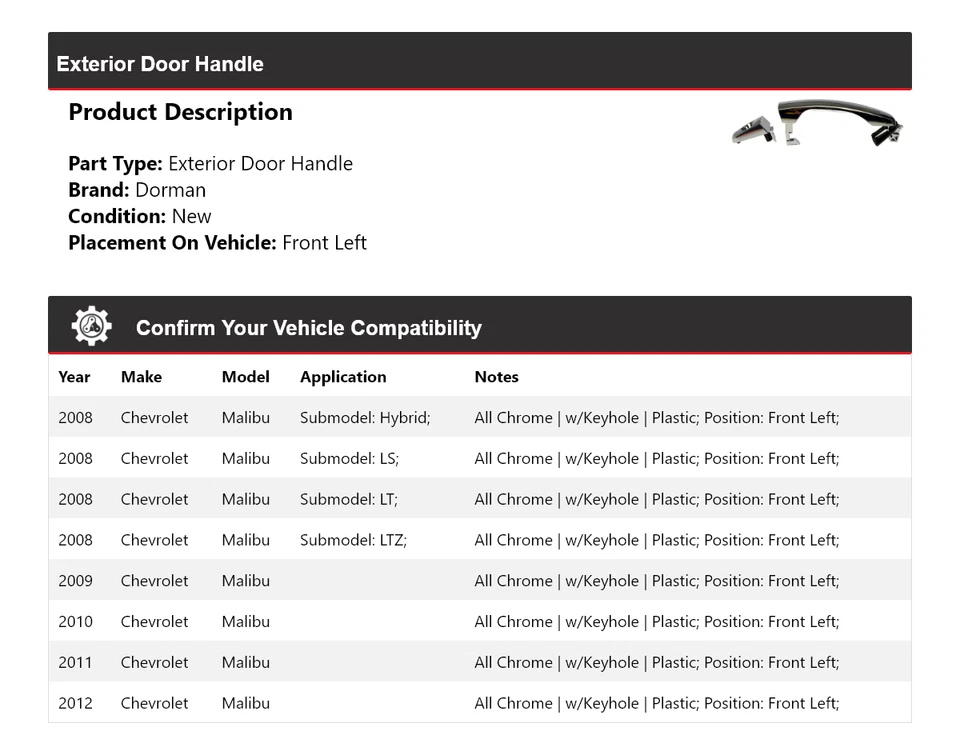 Manija de puerta exterior delantera izquierda para Chevrolet Malibu Dorman 2008-2012 2009 2010 Foto 2 de 4