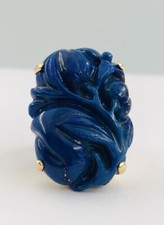 Old Chinese Export 14k Yellow Gold Carved Lapis lazuli Floral Melon Fruit Ring