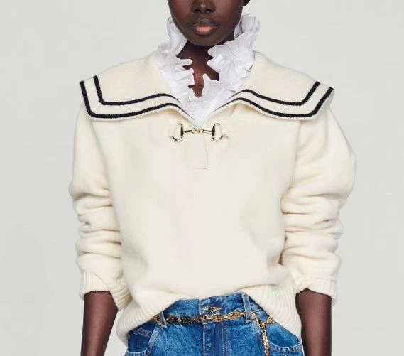Sandro Collar Contrasting Knit Top Striped Long Sleeve Sweater Top for  Ladies | eBay