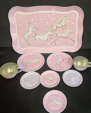 Tin Play Pink Lilac Tea Set For 2 With White Horses Pattern; Tray,Plates,Cups