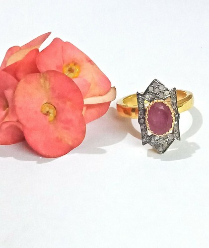 Vittoriano Naturale Originale Rubino & Diamante 925 Argento Anello Birthday - Foto 5 di 12