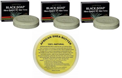 MADINA -Blk Soap (3 Pk) Shea Butter & Aloe Vera + Bonus 8 oz Shea Butter Tub