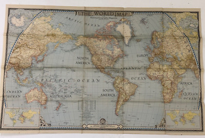 National Geographic Magazine, Folded Paper Map, World Map,  1943