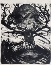 22x30" Fox Crow Nature Gothic Bird Dog Forrest Black Oakland Art Cannon Dill CA