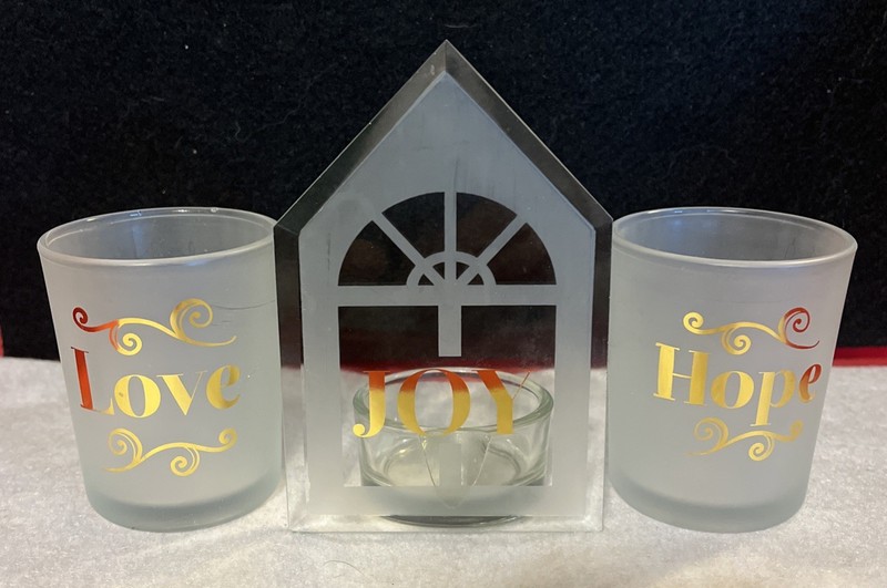 Love Joy Hope Candle Holders Set of 3 Frosted Glass Great Home Decorative Piece