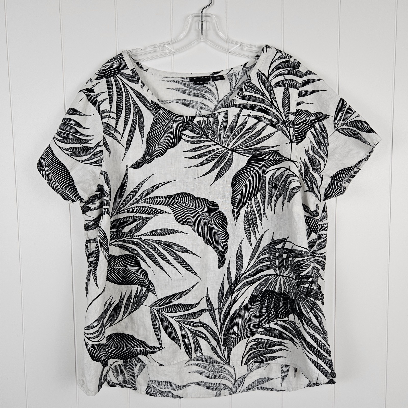 Tahari Linen Tropical Palm Shirt Short Sleeve 1X Coastal Beach White Black
