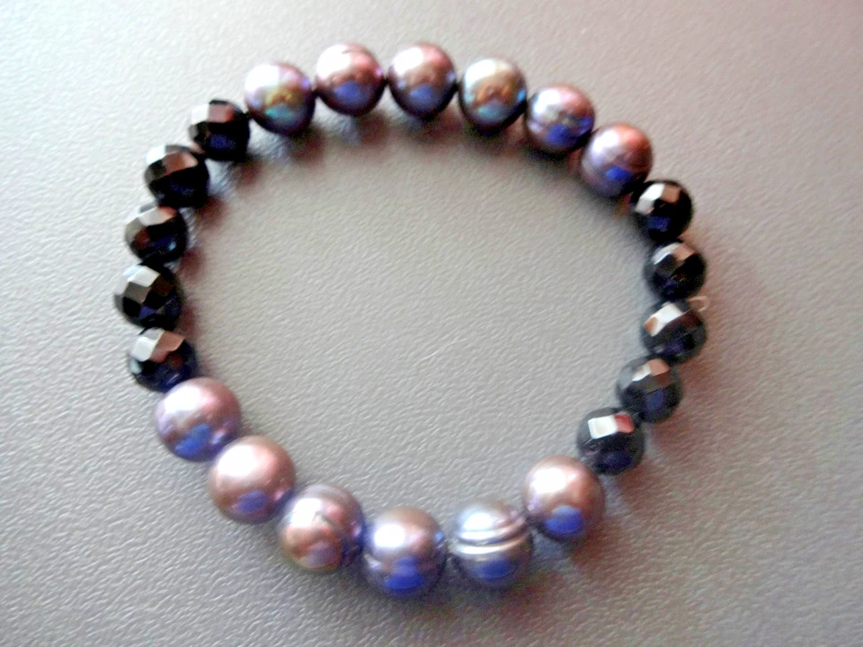 Pulsera Honora Genuina Negra Gris Perla y Negro Onix Elástica Damas 7" Foto 2 de 4