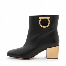 Ferragamo Gancini Leather Short Boots 7D Ladies' Black Gold AJ02663