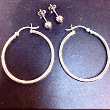 STERLING SILVER 925 ROUND 1 1/4 HOOP BALL STUD EARRINGS 2 prs CLASSIC 2.8 gm