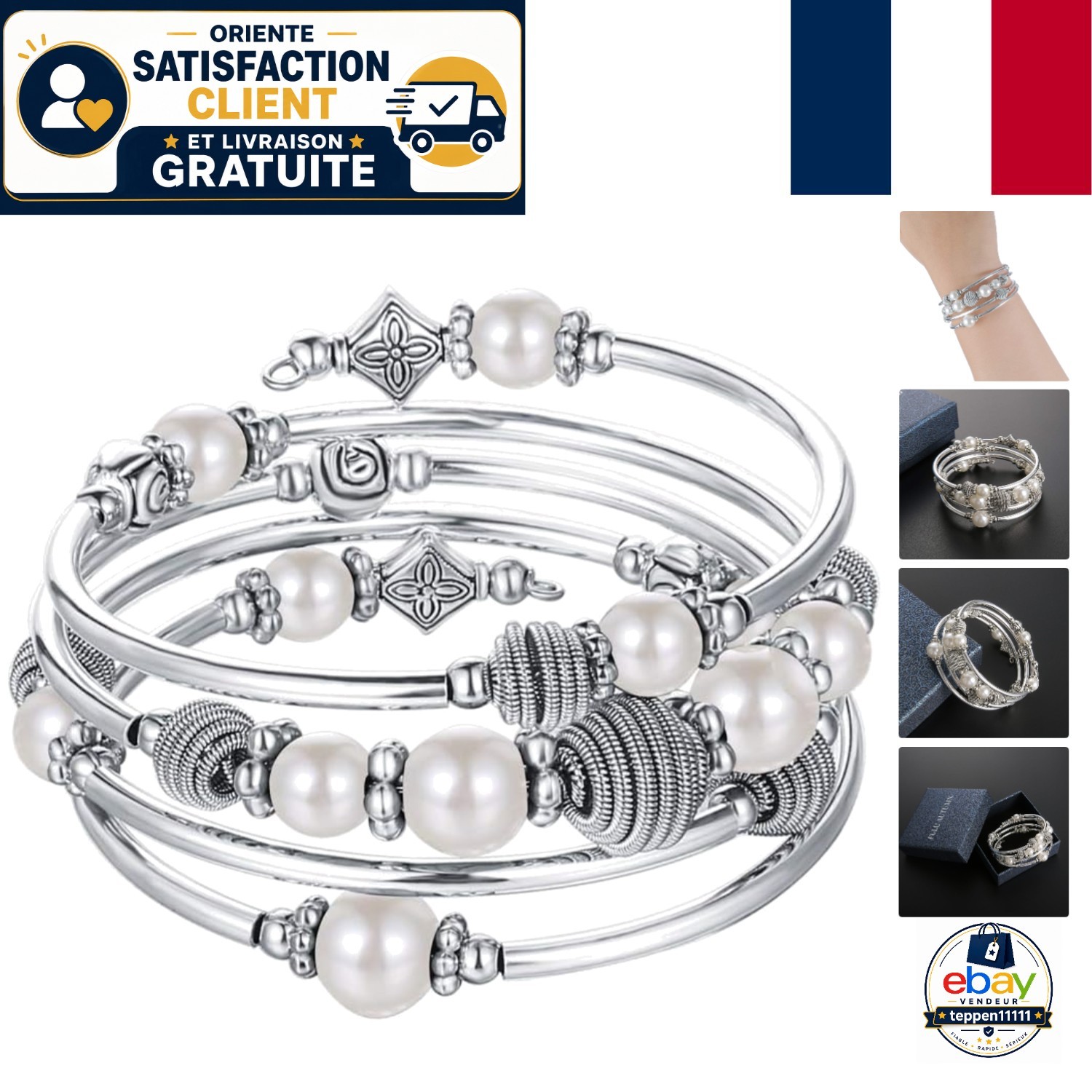 Bracelet en argent avec perles nacrées de 18cm pour femme et jeune maman