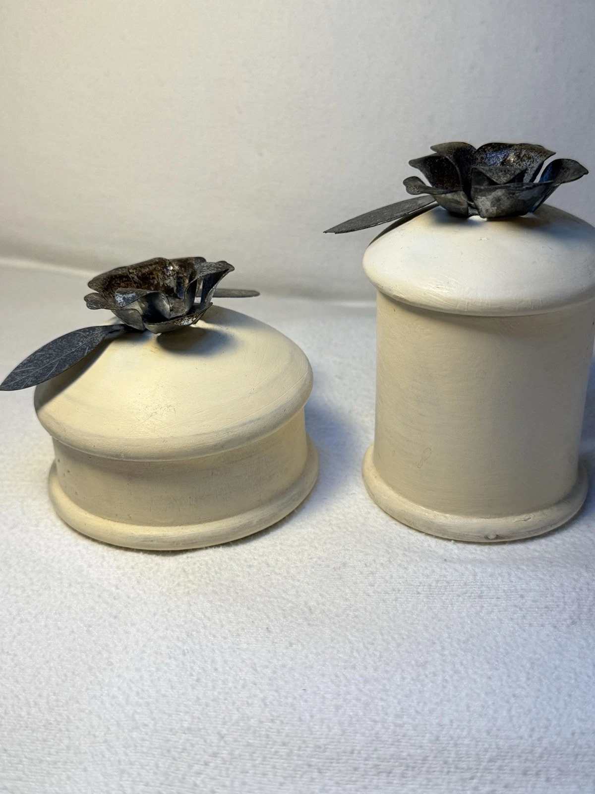 Beige Wood Canister Set w/ Lids, Metal Floral Finials, 2 oz, Set of 2