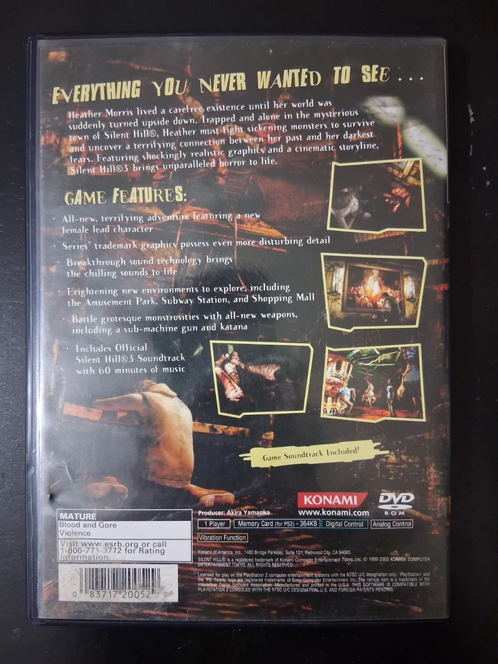 Silent Hill 3 (Playstation 2, 2003) copia auténtica probada con banda sonora sin manual Foto 2 de 4