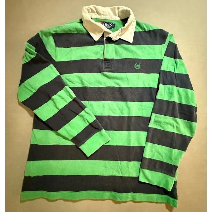 Vintage Chaps Rugby Shirt Green Stripe Long Sleeve Collared Polo Top Mens L 90s