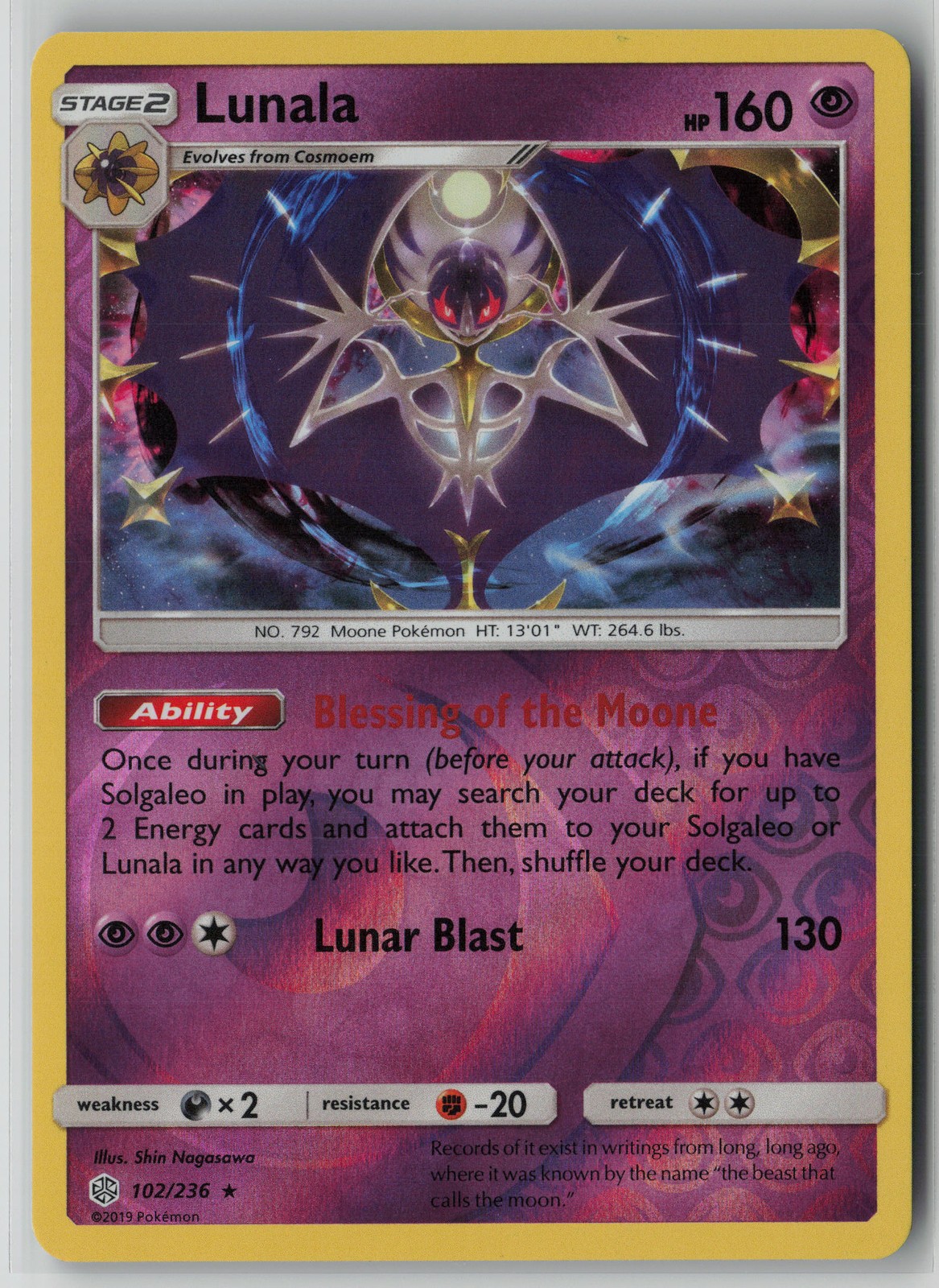 Lunala 102/236 Pokemon Cosmic Eclipse Reverse Holo Near Mint (NM) 1
