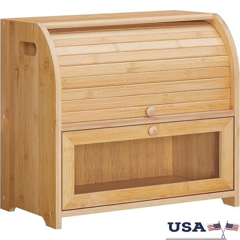Bamboo Bread Box Double Layer W/ Acrylic Roll Top Organizing Kitchen Countertop