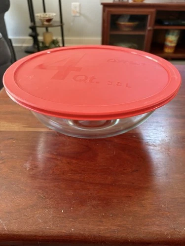 Pyrex #326 4 Qt-3.8L Clear Rimmed Large Nesting 11.75" Mixing Bowl & Red Lid