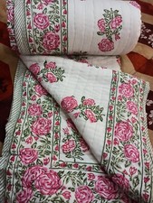 India Hand Block White Print Quilt Cotton Jaipuri Razai Vintage Winter Quilts