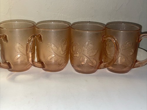 Vintage Arcoroc France Pink Frosted Glass With Roses 8 oz Mugs 4” Tall Set Of 4 - Picture 2 of 4