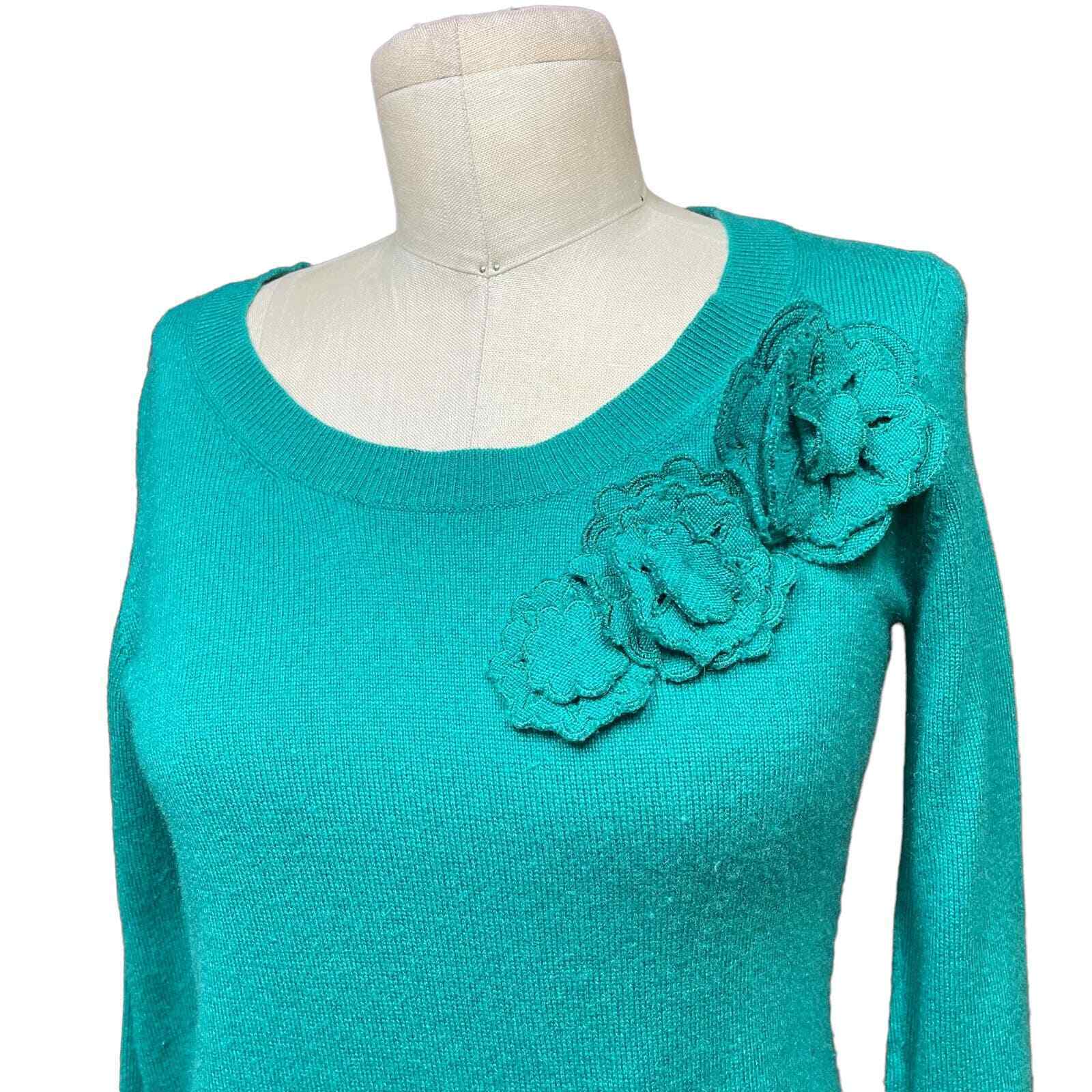 Escada Sport Floral Appliqué Wool Sweater Teal Gr… - image 2