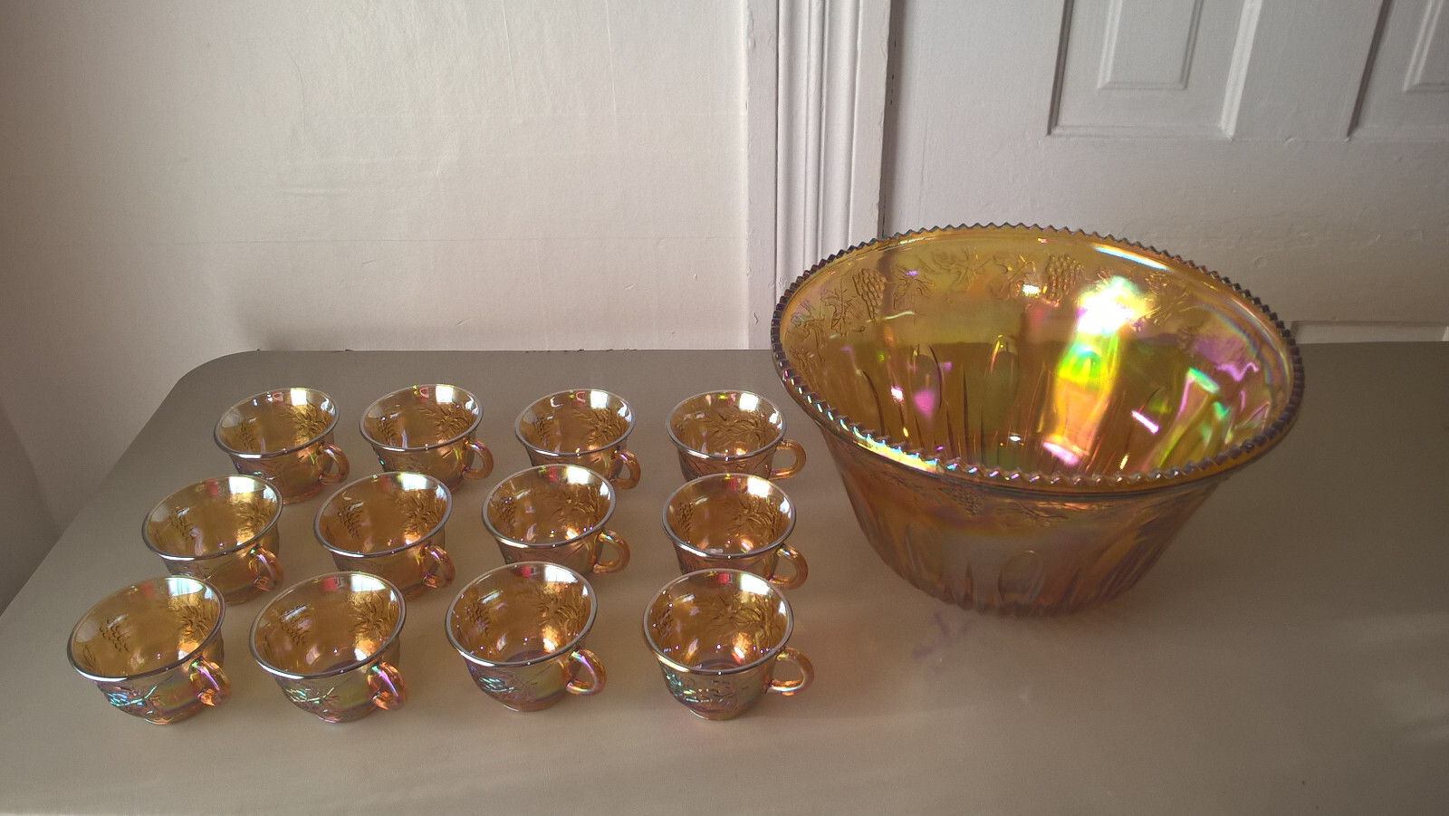 Indiana Carnival Glass Punch Bowl 12 Cups Set Grape Leaf Iridescent Gold Vintage