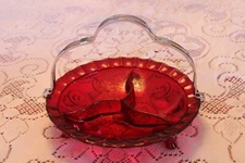 Ruby Red Vintage Footed Divided Condiment Bowl Dish Removable Metal Handle