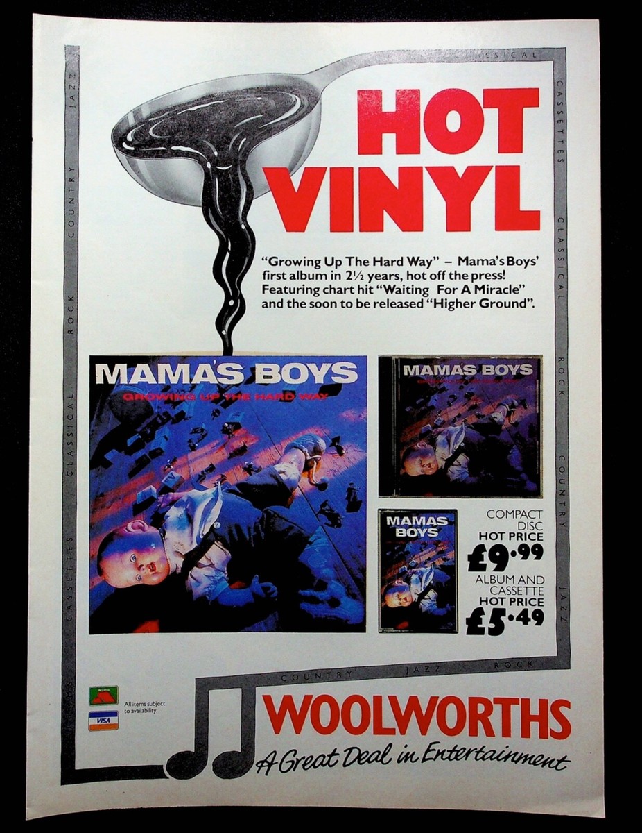 1987 Woolworths Hot Vinyl Mama's Boys Growing Up The Hard Way Vintage Print  Ad