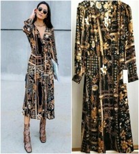 ZARA BLACK YELLOW FLORAL & CHAIN PRINT FLOWING MIDI DRESS SIZE S UK 8 10