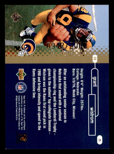 1998 SP Authentic #25 Grant Wistrom RC /2000 - Picture 2 of 2