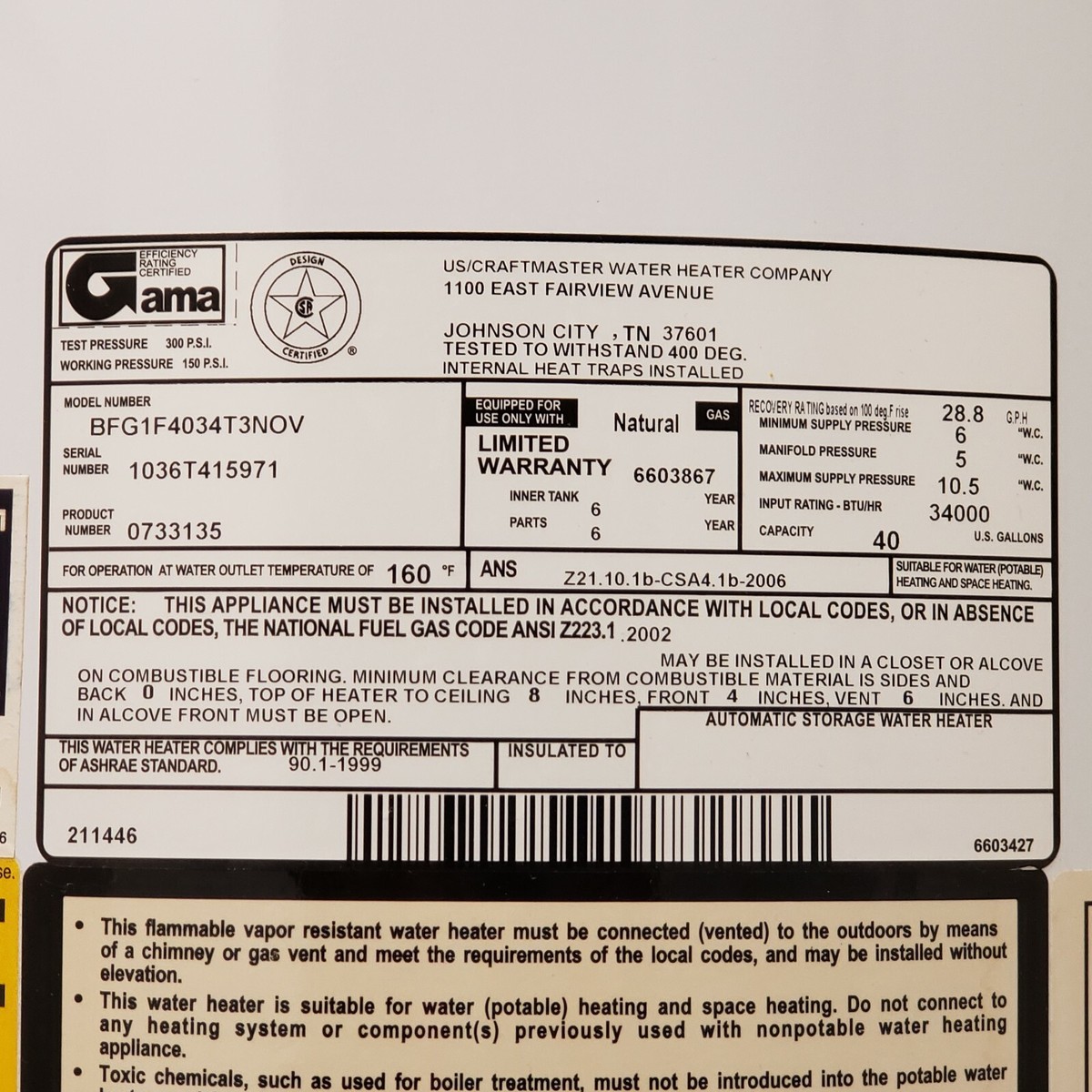 Parts For Whirlpool 40 Gal 34000 BTU Hot Water Heater BFG1F4034T3NOV | eBay