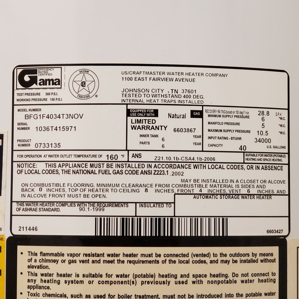 Parts For Whirlpool 40 Gal 34000 BTU Hot Water Heater BFG1F4034T3NOV eBay