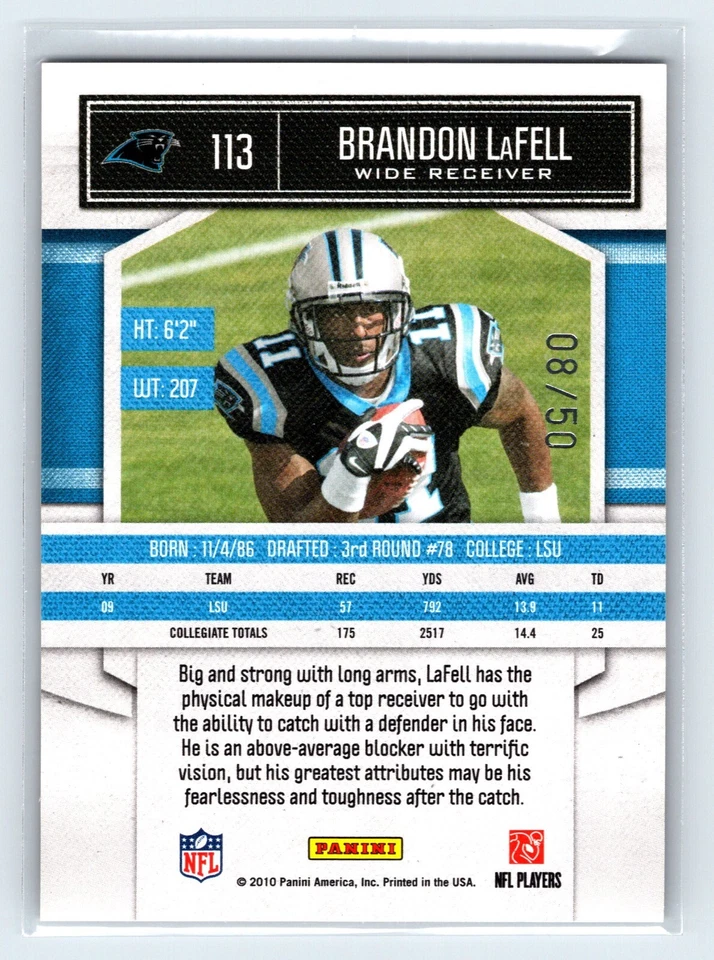 2010 Classics Timeless Tributes Gold #113 Brandon LaFell /50 Panthers Bengals - Image 2 of 2