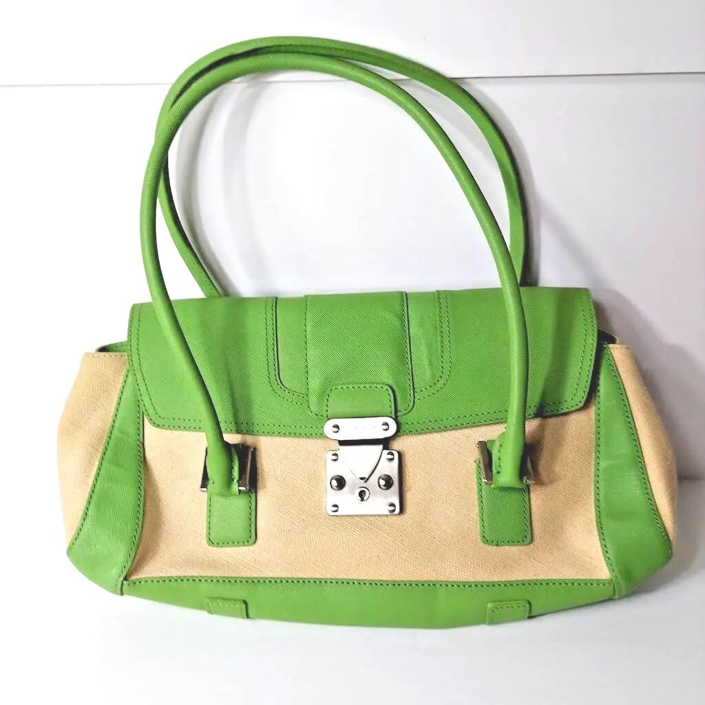 Antonio Melani Womens Shoulder Bag Green Ivory Leather Trim W
