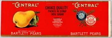 "Central" Brand Bartlett Pears Central California Paper Can Label c1930's-40's