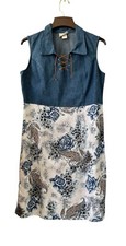 EXPRESSIONS VTG Women's Denim Upper Rayon Floral Bottom Lace Up Neck Dress L