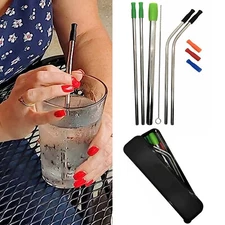 Reusable Stainless Steel Straws With Silicon Tips & Portable Travel Storage Bag