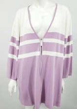 New Bob Mackie Wearable Art Sweater Womens 3X Lavender White Stripe Zip Up