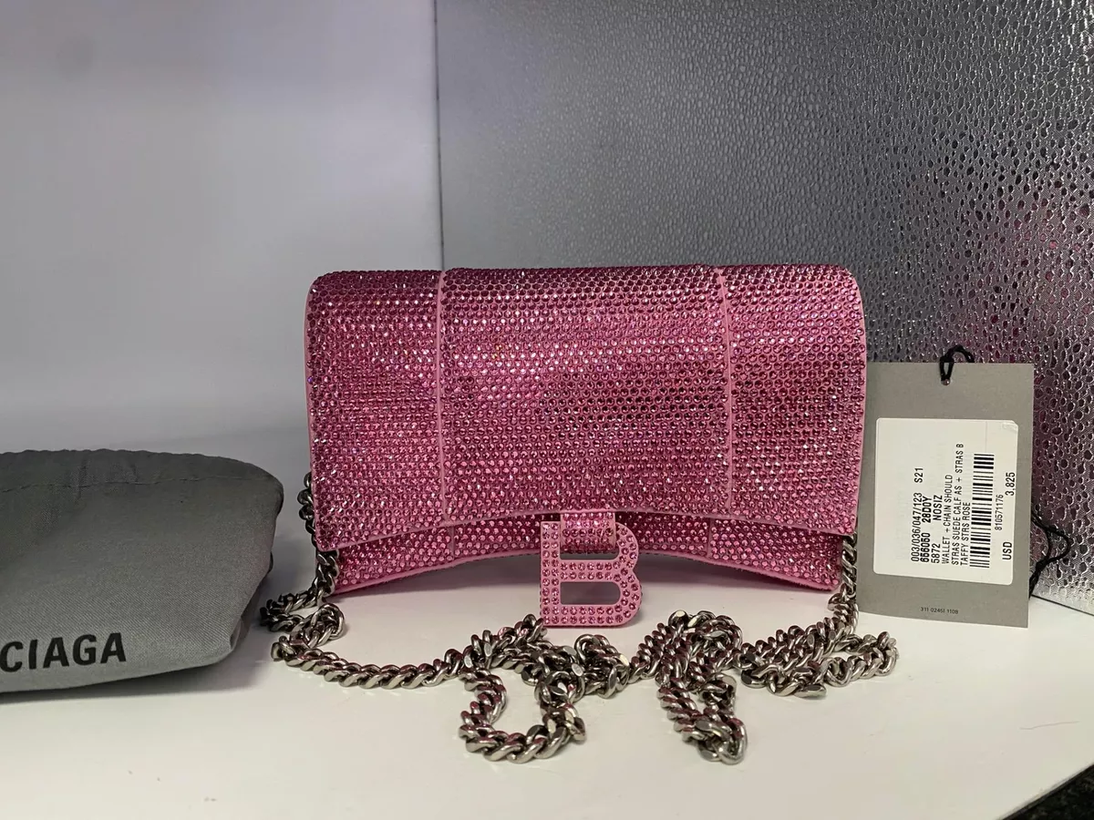 Authentic Balenciaga Hourglass Pink Suede and Rhinestones Wallet On Chain  Bag